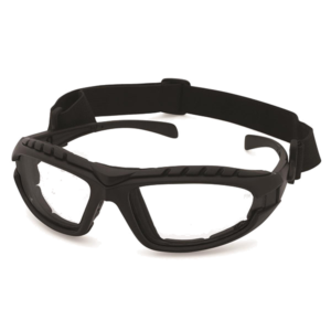 DustDevil safety googles with black frame and clear lens.